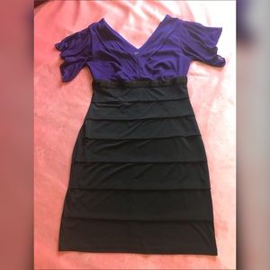 Purple & Black Two 2 Tone Pleated Cocktail Dress Flutter Sleeve V-Neck